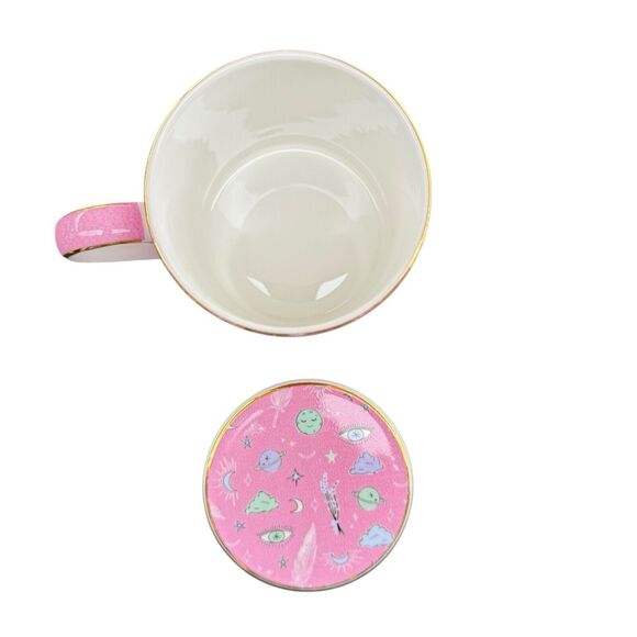 T2 Fine Bone China Tea Mug & Lid Gold Rim Sleep Tight Moon 3rd Eye Pink 13.5floz - Picture 2 of 11